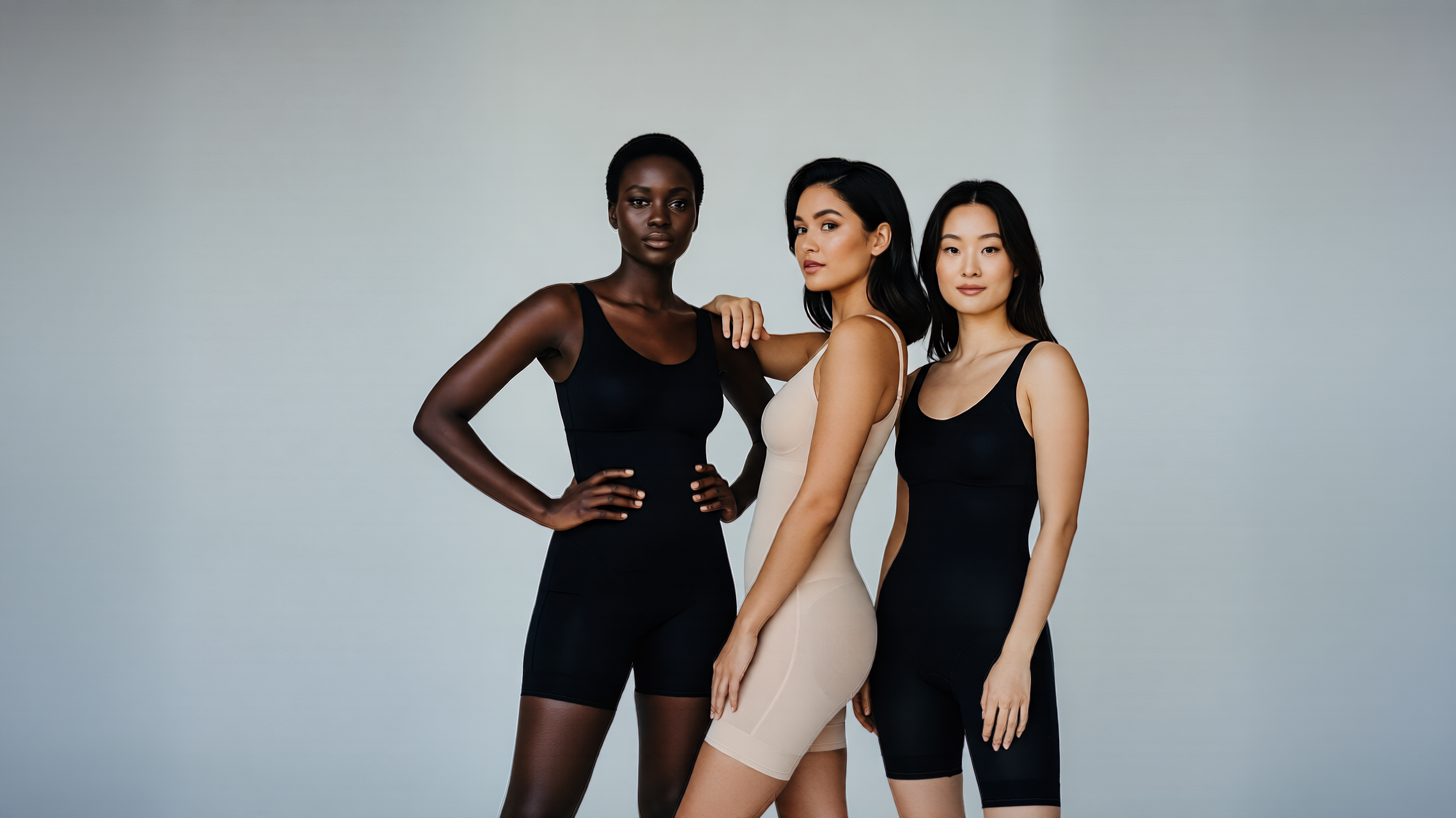 Three women wearing black and beige bodysuits against a gray background